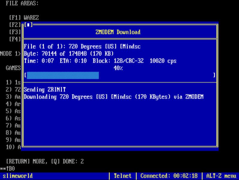 A Zmodem download in progress at 10020 cps