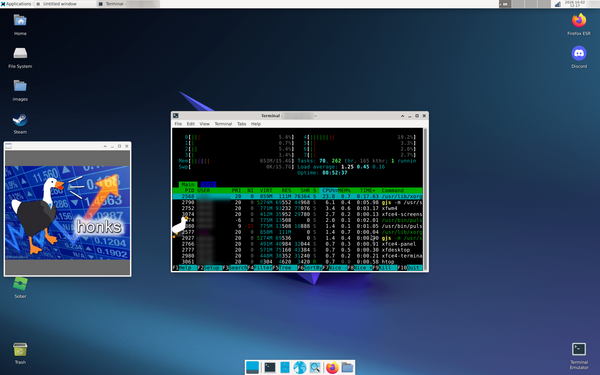 An XFCE desktop with htop open in a terminal; the goose stands at the edge of the terminal next to a meme window he dragged in, a goose with a stock chart captioned honks