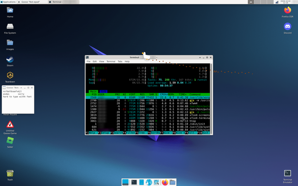 The goose standing on the title bar of a terminal, a trail of brown muddy footprints running behind him across the screen, and a Not-epad window on the left