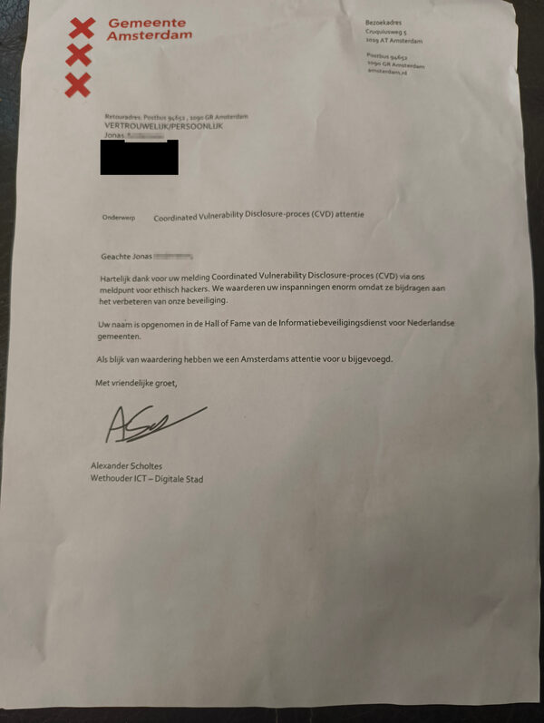 A printed letter from the Gemeente Amsterdam, with my name and address blurred out, thanking me for my coordinated vulnerability disclosure report and telling me my name has been added to the Hall of Fame