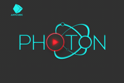The original Anycubic Photon boot splash: the word PHOTON in teal on dark grey, the O drawn as a glowing red play button inside an orbiting atom, and the Anycubic cube logo in the top left